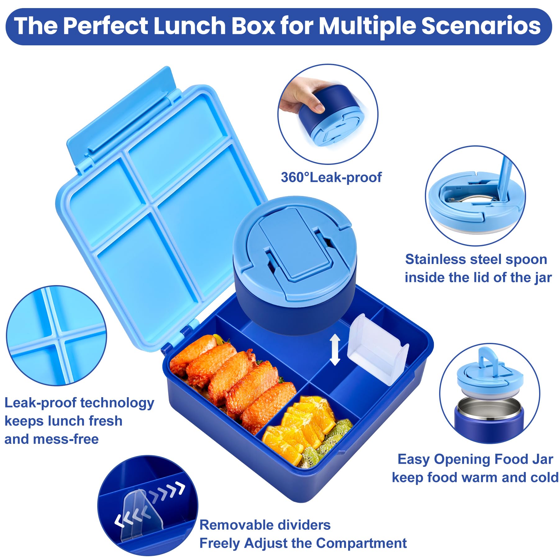 Lonchera Bento para niños con termo de sopa de 8 onzas, recipientes de comida a prueba de fugas para niños con 4 compartimentos, tarro térmico térmico para alimentos calientes para niños, para la 3