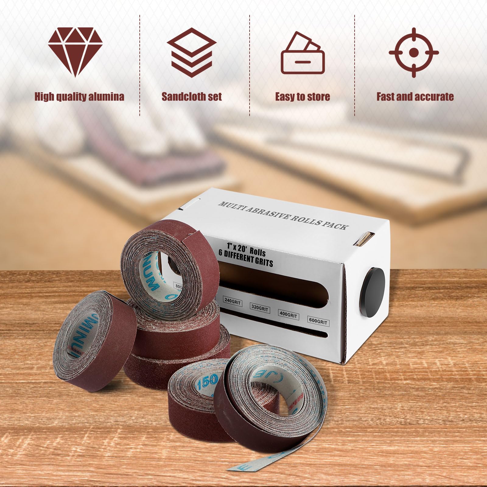 KTZCTPCA 6 Grits Emery Cloth Roll Set, 80 Grit, 150 Grit, 240 Grit, 320 Grit, 400 Grit, 600 Grit Abrasive Sand Paper, Boxed Abrasive Paper for Metal and Wood Furniture with Dispenser