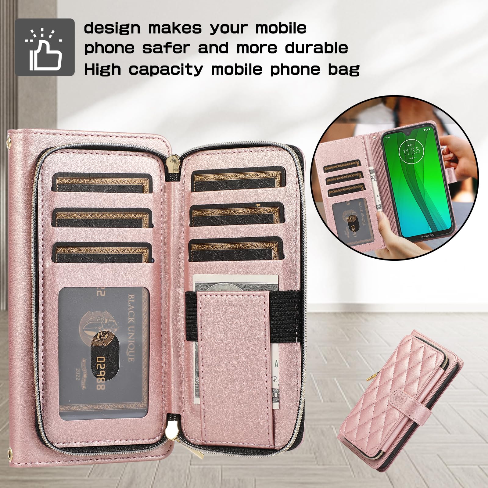 ELISORLI Wallet Case for Moto G7/G7+/Revvlry Plus with Detachable Wrist Strap Crossbody Shoulder Strap 9 Card Slots Phone Cover for Motorola G7Plus Moto7 XT1962-1 G 7 7G Tmobile Revvlry+ Girls Pink - Image 4