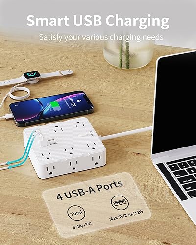 Miniatura 2 de Maxpw - Cable de extensión de enchufe plano de 5 pies con 12 salidas y 4 puertos USB, 2100 julios, montaje en pared, estación de carga de escritorio