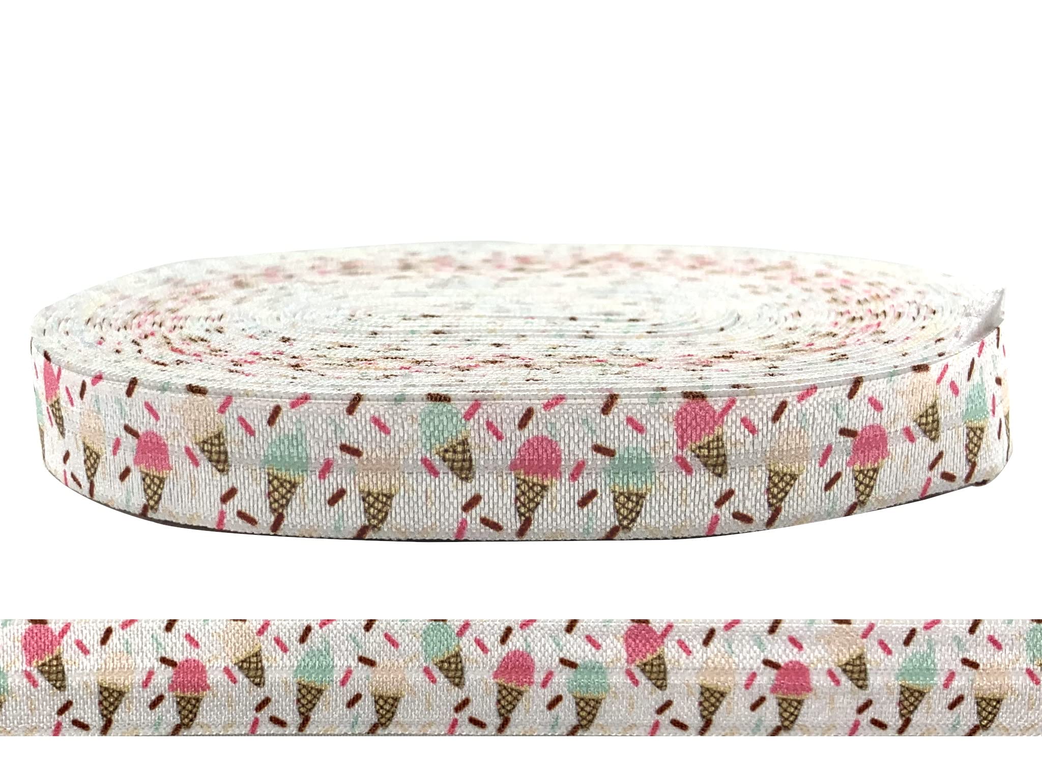 Bowtique EmileeIce Cream Prints 5/8" Elastic 10 Yards Spool, Fold Over Elastic for Face Masks, Headbands or Hair Ties (Ice Cream Cones)