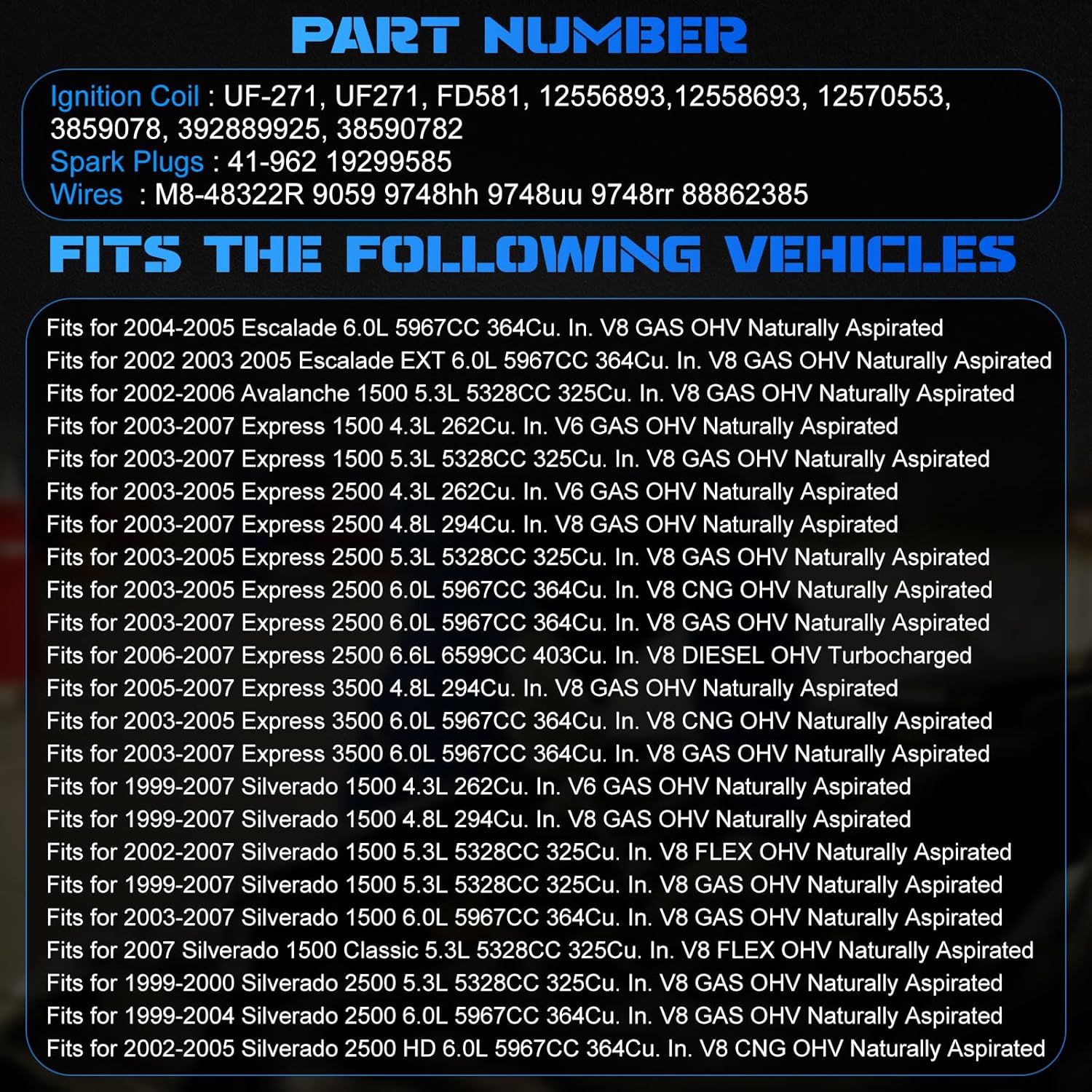UF271 Ignition Coils & 41-962 Iridium Spark Plugs & M8-48322R Wires Ignition Coils Pack Fits for 1999-2007 Silverado 1500, 2001-2006 Silverado 3500 3.5L 5.3L 6.0L (8pcs Square Style Coil)