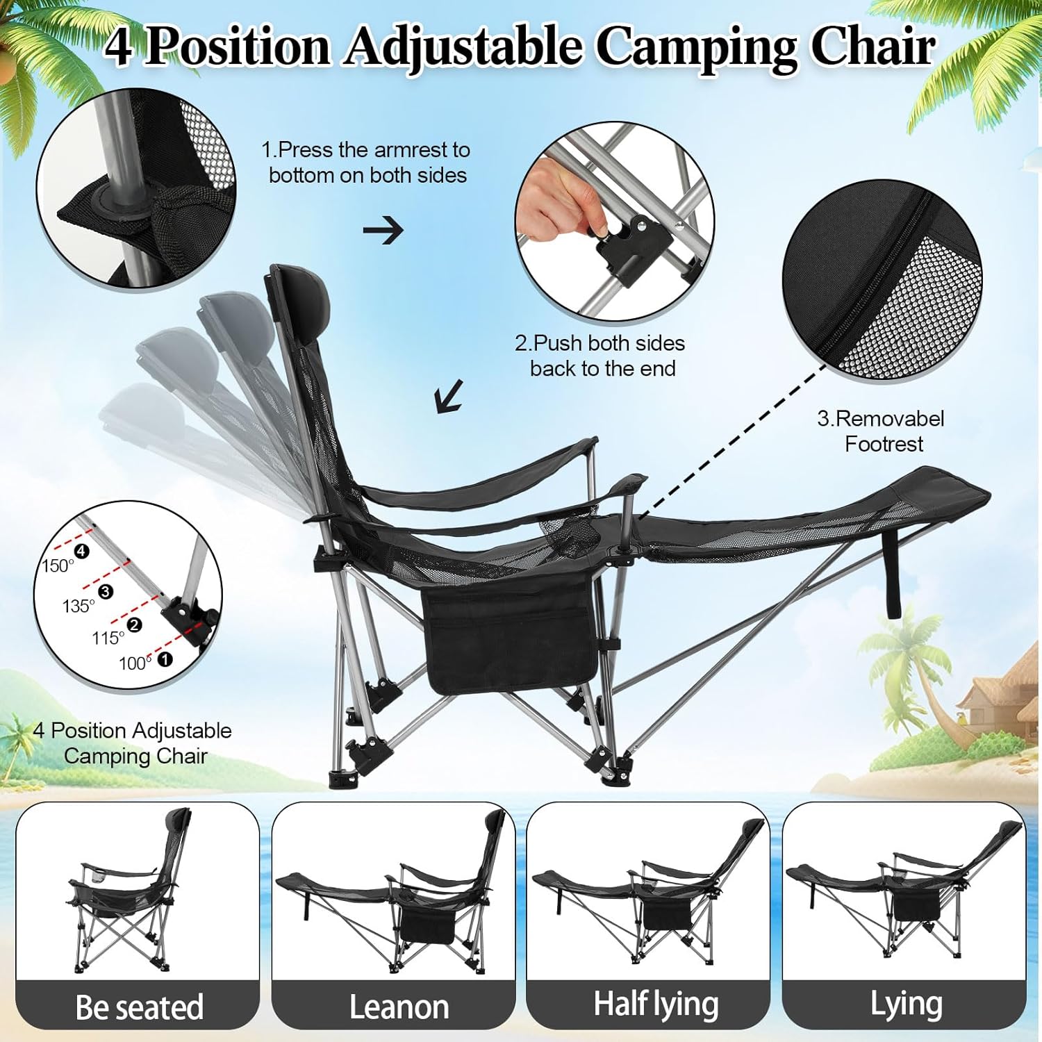 Lineshading 2 in 1 Beach Chair with Umbrella, Folding Camping Reclining Chair with Sunshade Headrest Footrest, 4 Position Adjustable Mesh Lounger Portable for Summer Tailgates Camp Fishing(Black)