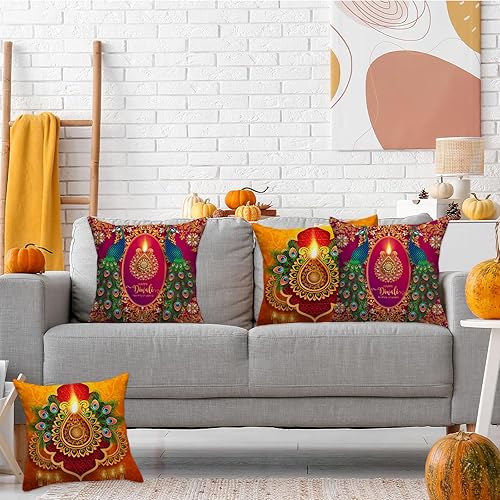 Miniatura 7 de Diwali - Juego de 4 fundas de almohada de 18 x 18 pulgadas Diwali Light Diyas Peacock Funda de almohada Diwali Decor Indian Diwali Decoraciones y