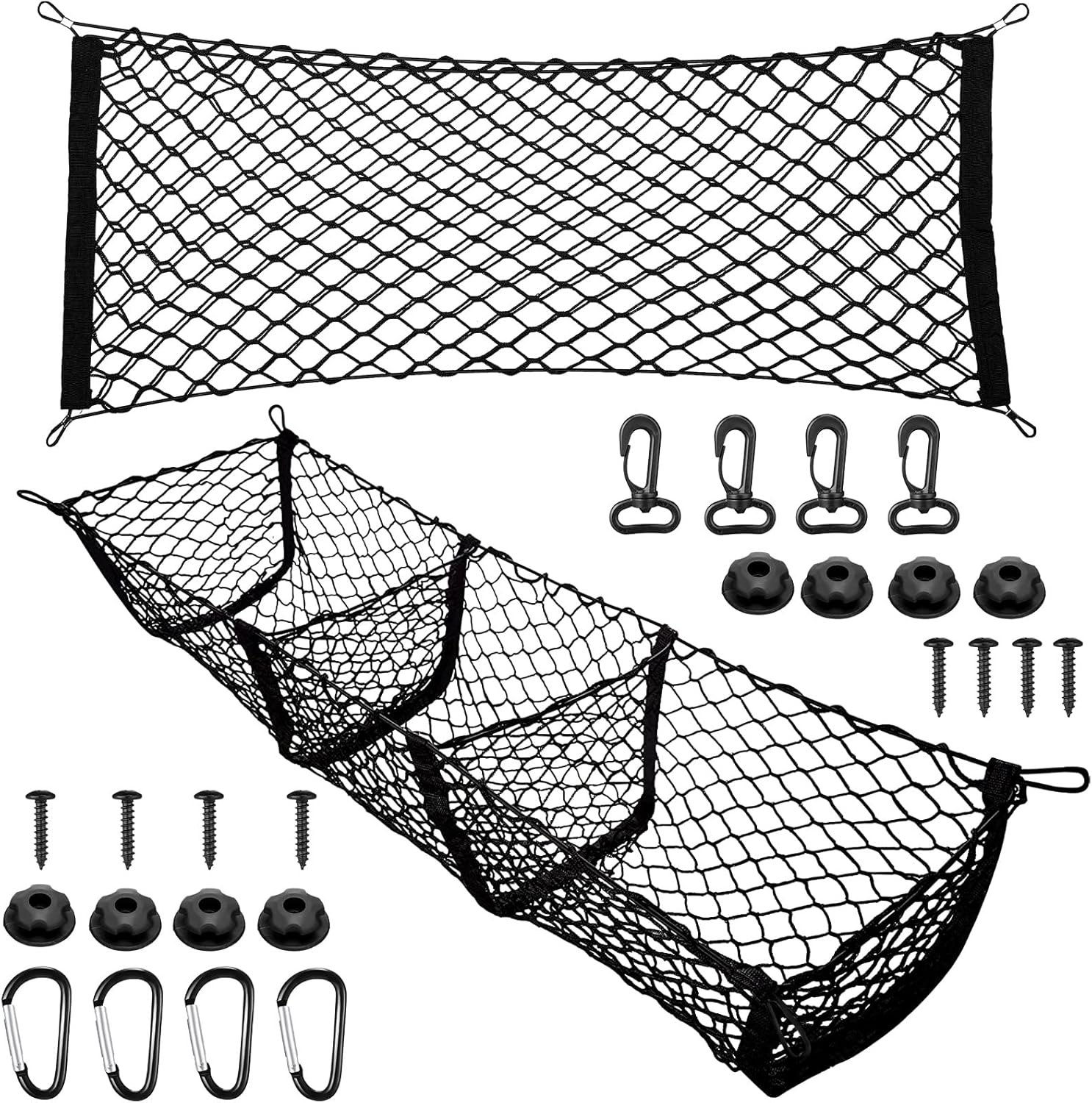 Tallew 2 Pcs Car Rear Cargo Net, Adjustable Elastic Mesh Cargo Net, 3 Pocket Heavy Duty Trunk Bed Storage Organizer, Universal for Car SUV Vehicle Pickup Truck with Accessories(43.3 x 15.7 Inches)