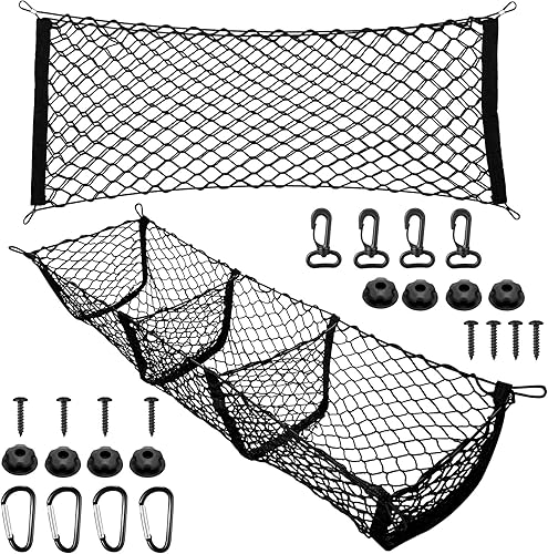 Tallew Red de carga para camioneta y camioneta, malla elástica resistente, organizador de almacenamiento trasero con ganchos, tornillos, ojales, red