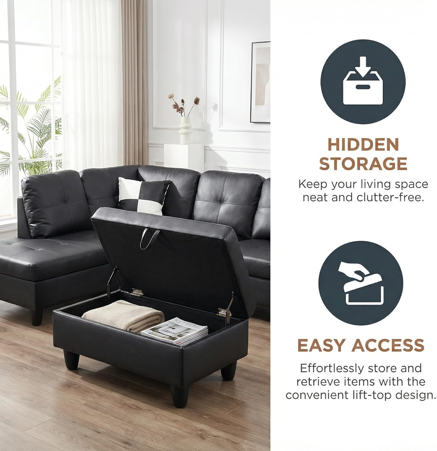 103.5" Modular Leather Sectional Sofa, 4-Seat L-Shaped Couch with Chaise & Storage Ottoman, 3-Piece Convertible Living Room Furniture Set for Apartment Office, Black