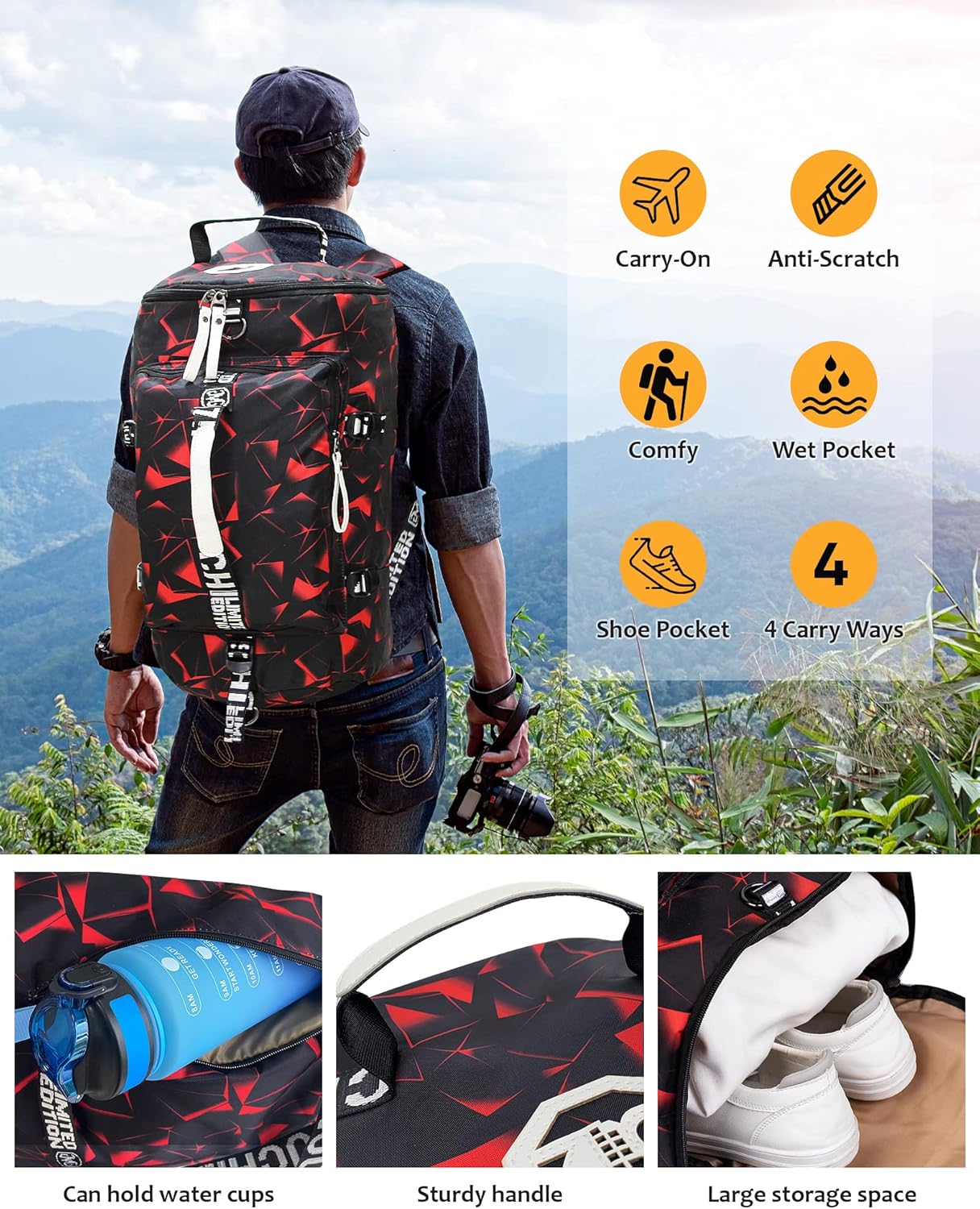 40L Gym Sport Bag Backpack Duffle Bag Weekender Bag Water-resistant Travel Sling Bag Casual Daypack for Men and Women