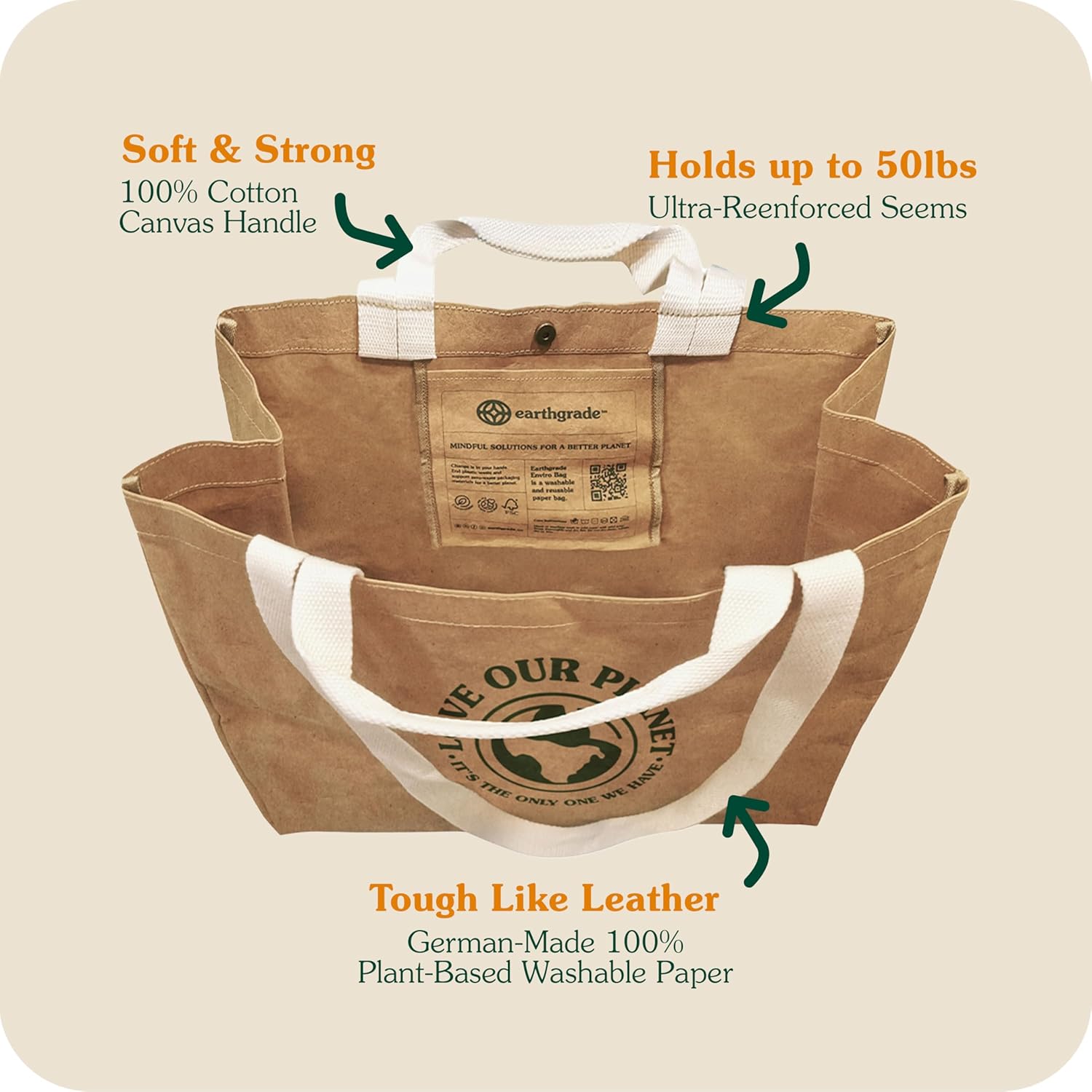 Reusable Grocery Bag – Large Sustainable Washable Paper Tote with Reinforced Seams. Foldable and Durable. - Image 6
