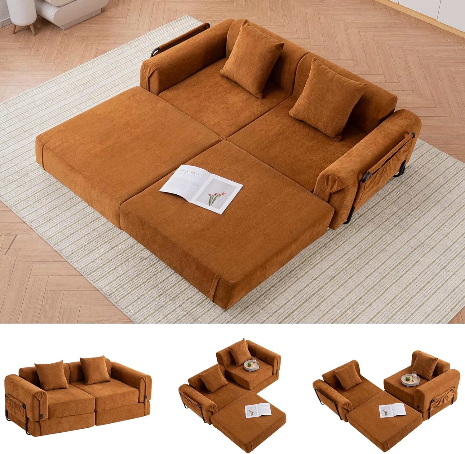 KIVENJAJA 71.2" Convertible Sofa Bed, Modern Fold Out Floor Couch with 2 Pillows & Side Pocket, Comfy Sleeper Loveseat Boneless Couches for Living Room, Apartment, Small Space, Orange