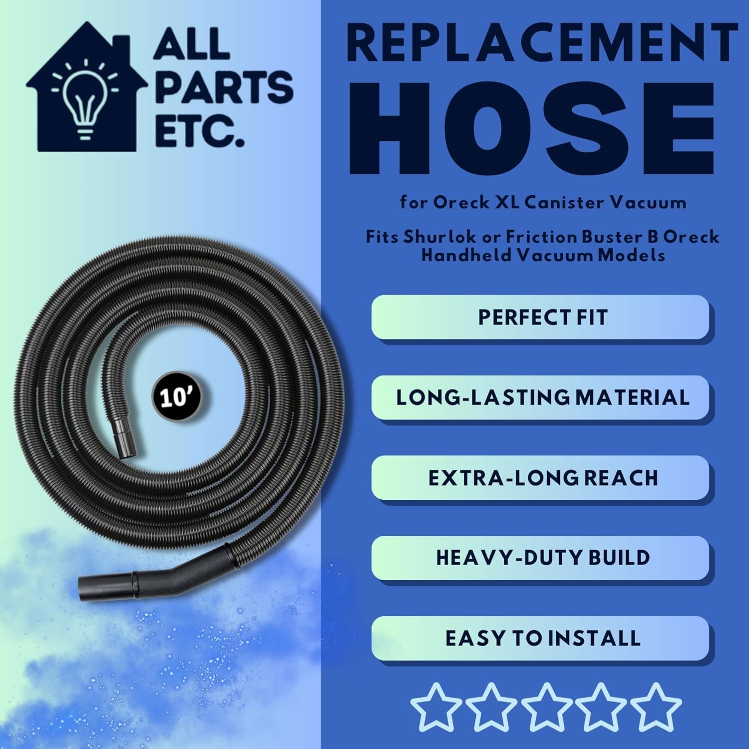 Replacement Hose for Oreck XL Canister Vacuum Attachments, Fits Shurlok or Friction Buster B Oreck Handheld Vacuum Models, Hose for Oreck Parts and Accessories (Non-Swivel, 10')