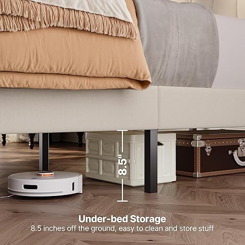 Miniatura 2 de Gizoon Base de cama Queen con cabecero, cama de plataforma tapizada con listones de madera resistentes, sin ruido, no necesita somier, fácil
