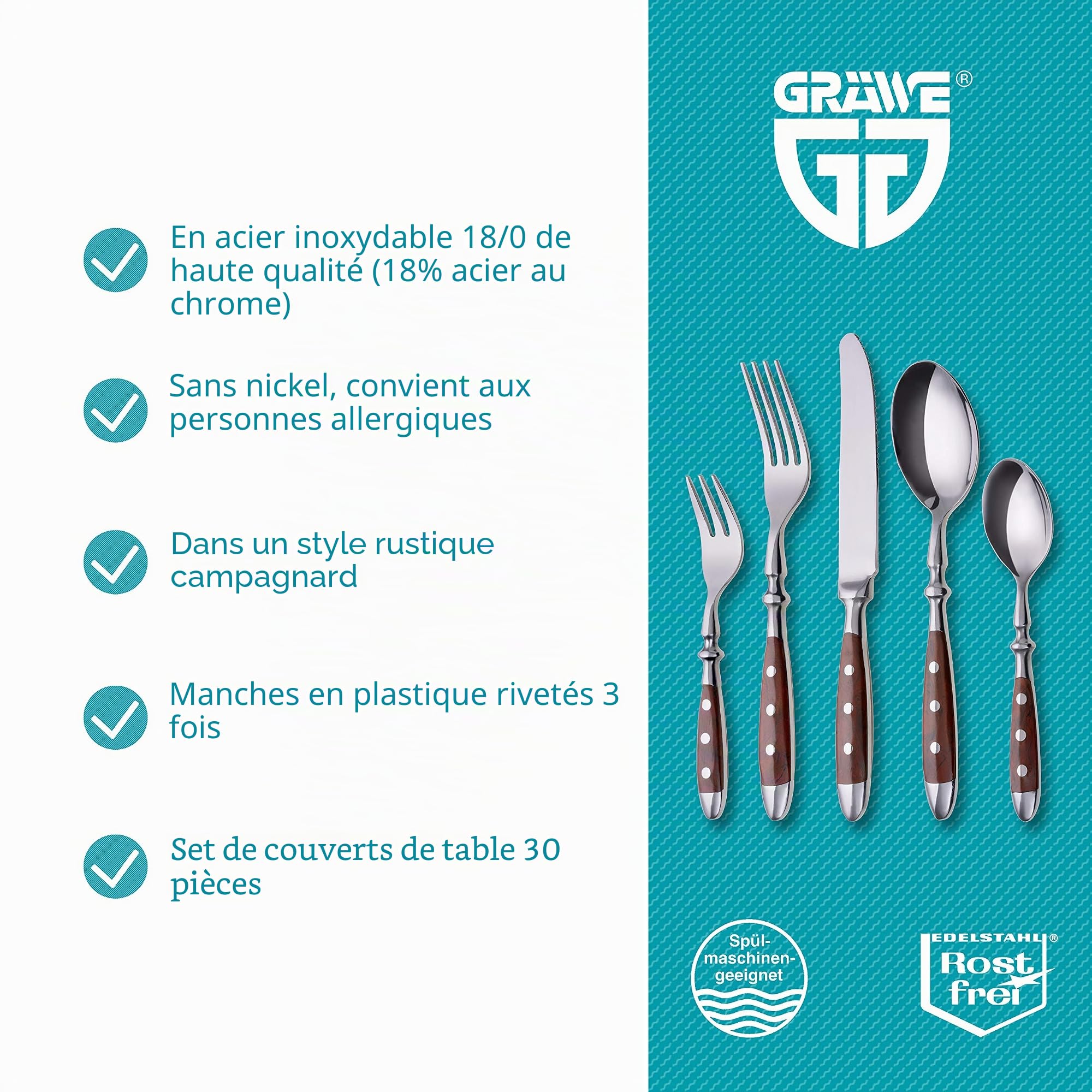 Set de couverts GRÄWE pour 6 personnes en acier inoxydable, lourd, rustique, ensemble de couverts de table 30 pièces, couverts forgés avec poignées marron - Série Nuremberg