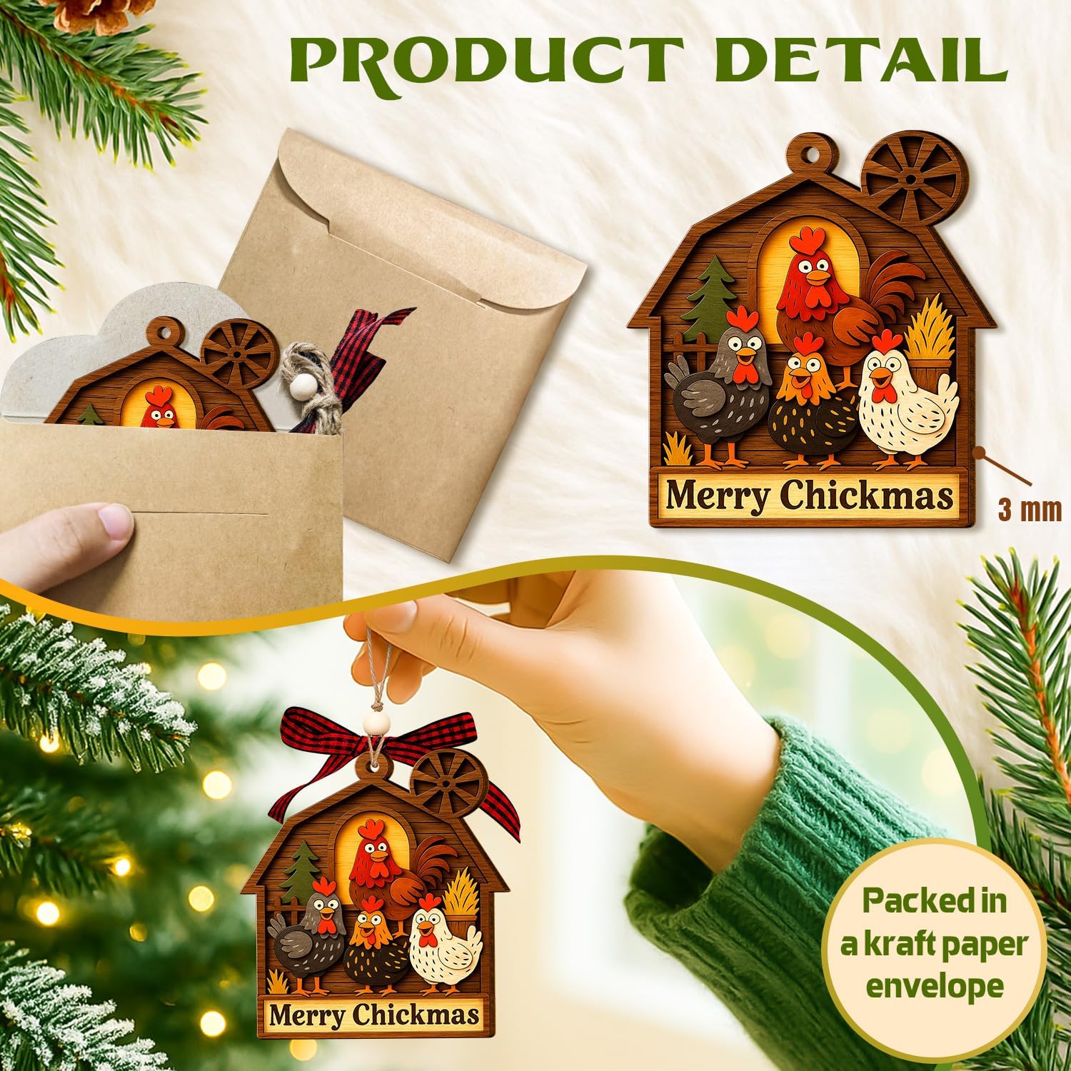 Funny Chicken Ornament for Christmas Tree 2025 - Funny Chicken Gifts - Chicken Gifts for Chicken Lovers - Farm Animal for Women, Men, Kids for Christmas Tree Hanging - Image 3