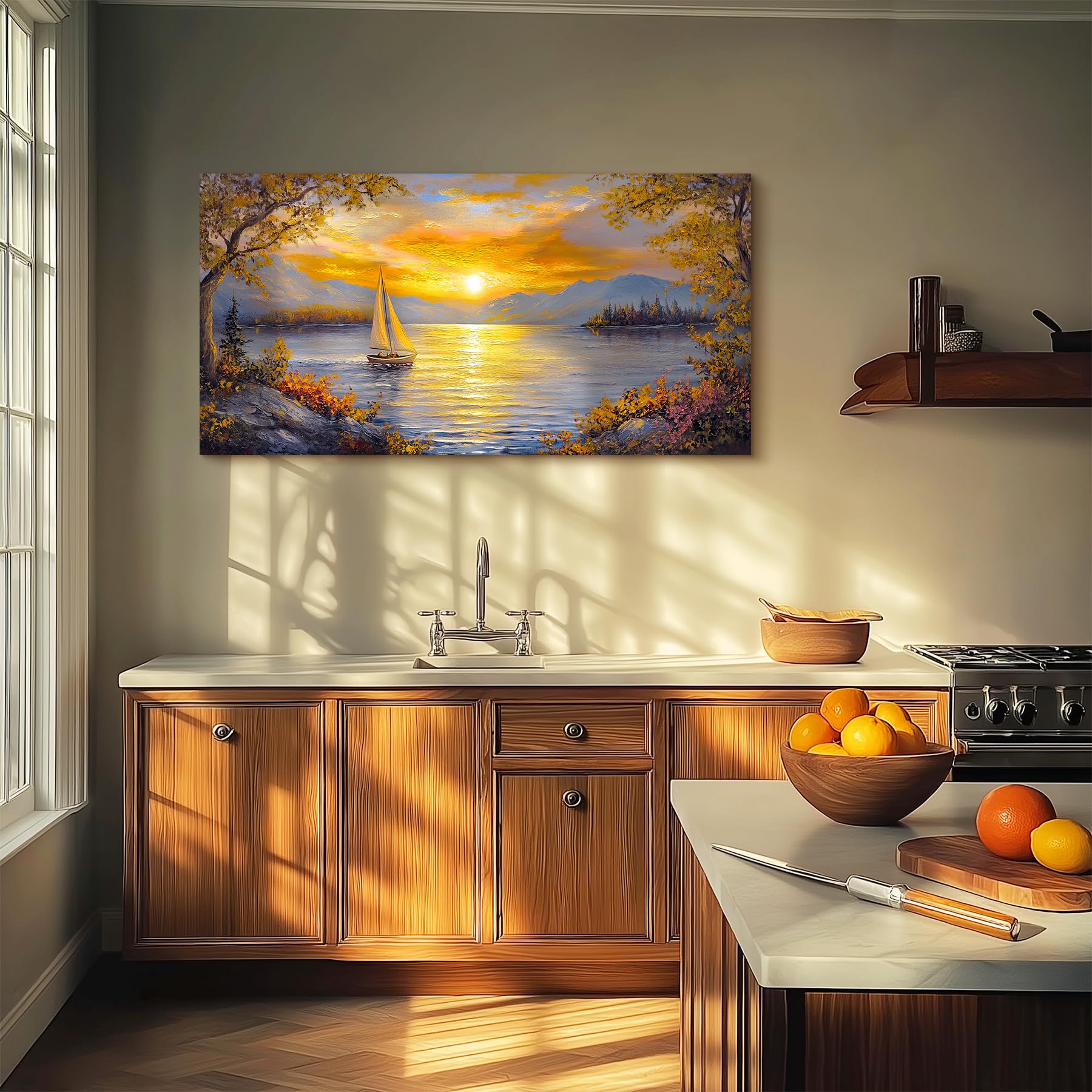 MHARTK66 Quadri Moderni Soggiorno Grandi, 59x119 cm XXL Stampe da Parete Tramonto in Barca a Vela sul Lago, Quadro Camera da Letto Su Tela Decorazioni Parete Bagno Ufficio Sala Da Pranzo