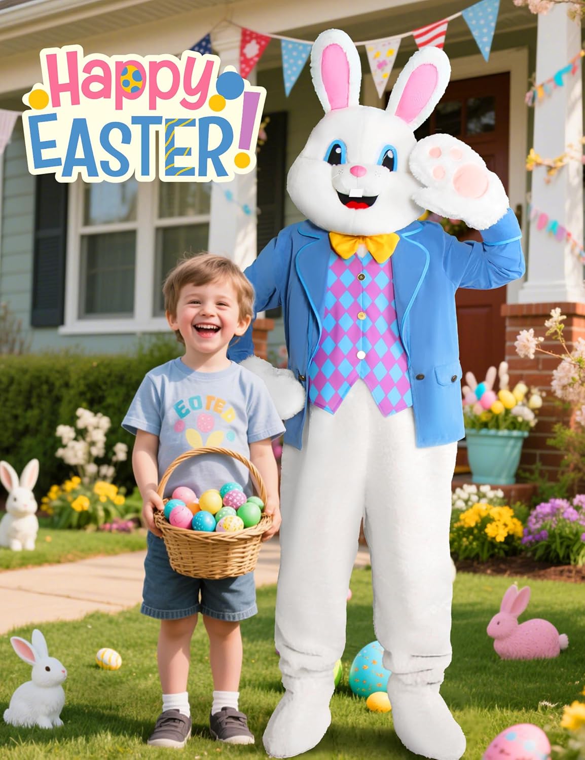 Easter Bunny Costume Adult 5PCS Mascot Rabbit Deluxe Suit for Men Blue Blazer Bunnies Head Cute Furry Unisex Outfit