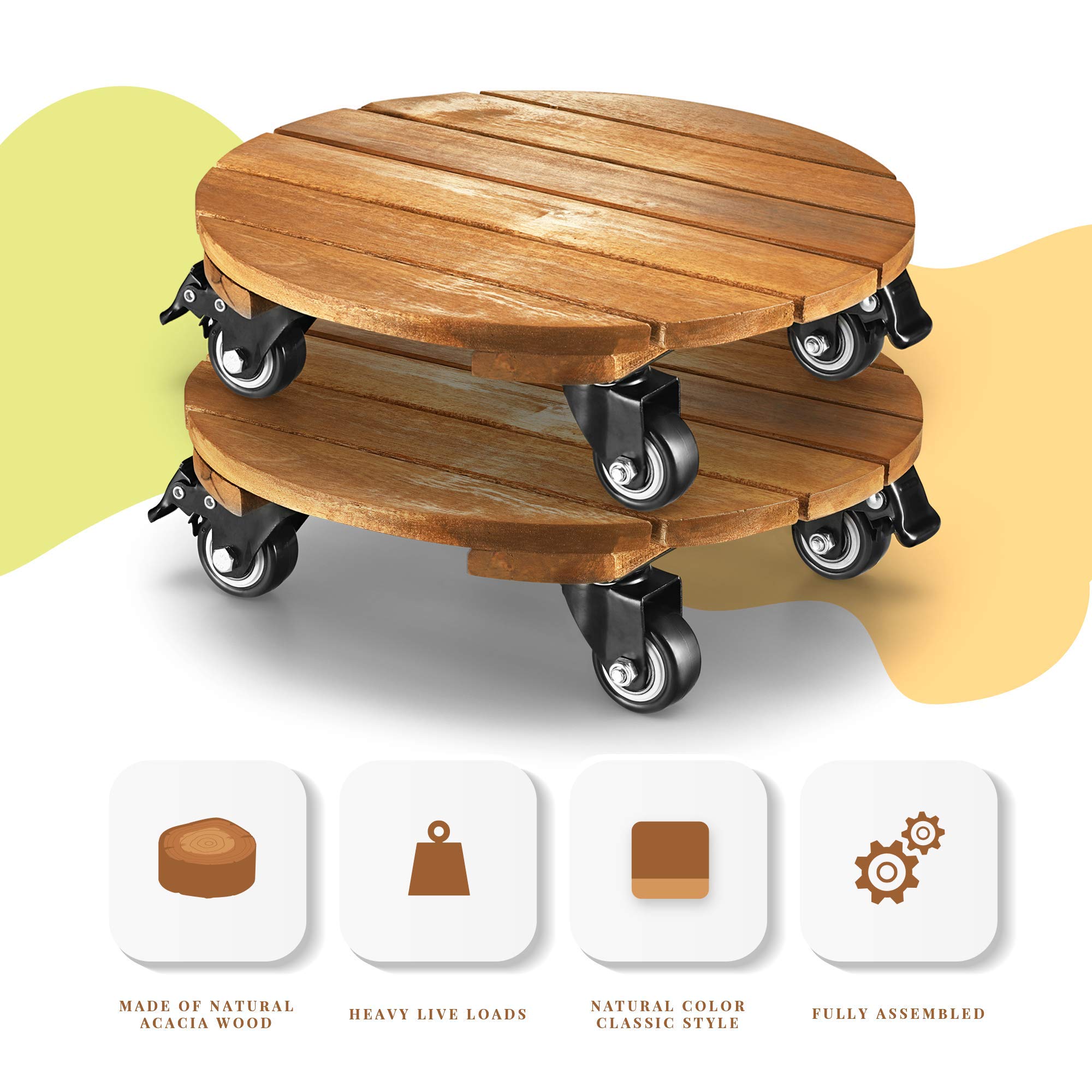 LITADA Acacia Wood Plant Caddy (Set of 2) Plant Dolly Heavy Duty, 12