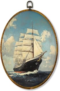 shiviody Costal Sailboats Canvas Wall Art Decor, Ocean Nautical Room Decor, Aesthetic Ship Sailing Seascape Oval Hanging Frame Prints Decorations for Beach House Bathroom Nursery 8.6"x11.4"