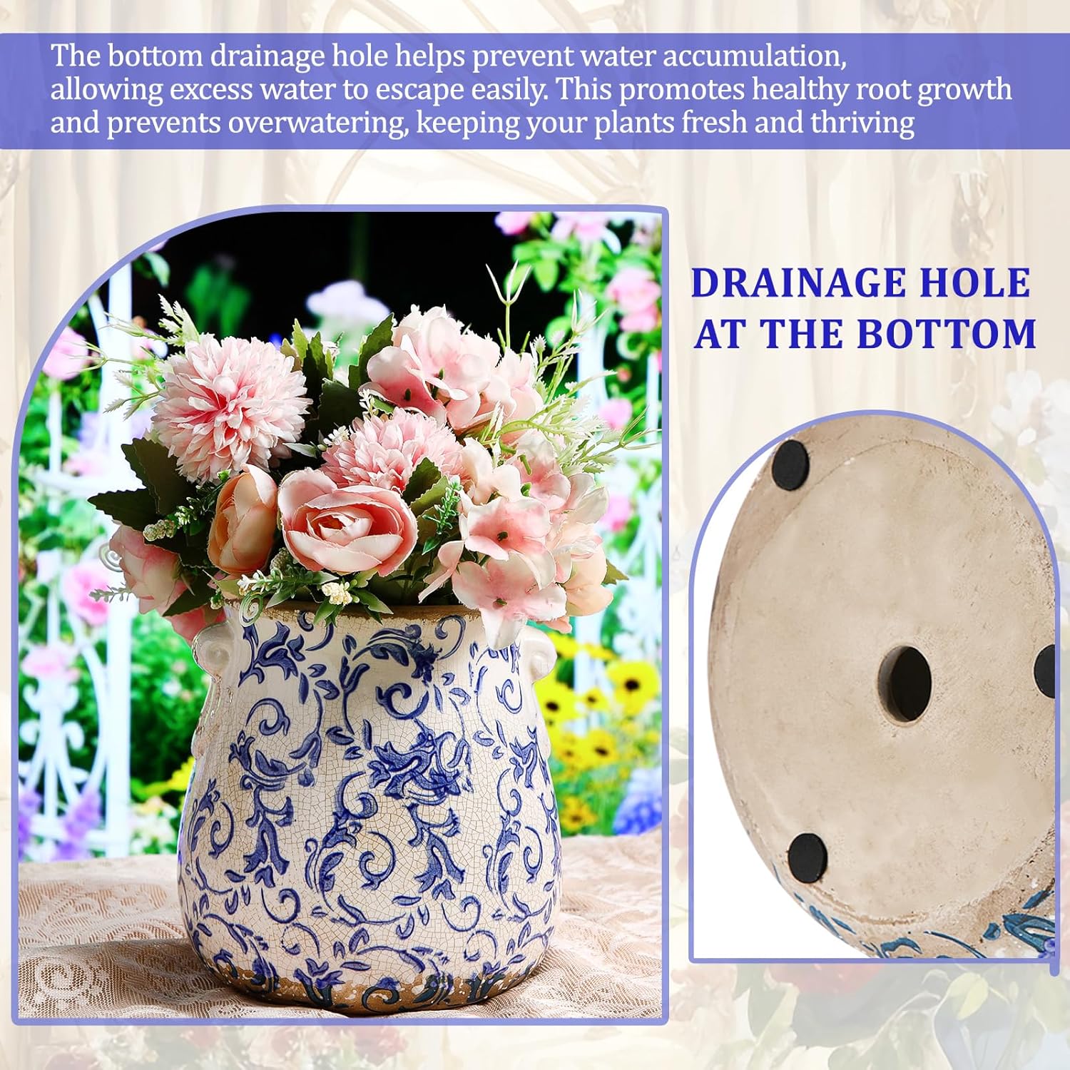 Ceramic Scroll Planter 6.5 Inch Chinoiserie Floral Vase with Drainage Holes Vintage Flower Vase Flower Pot Rustic Ceramic Pots for Indoor Plants Garden Home Bookshelf Decor (Retro Blue)