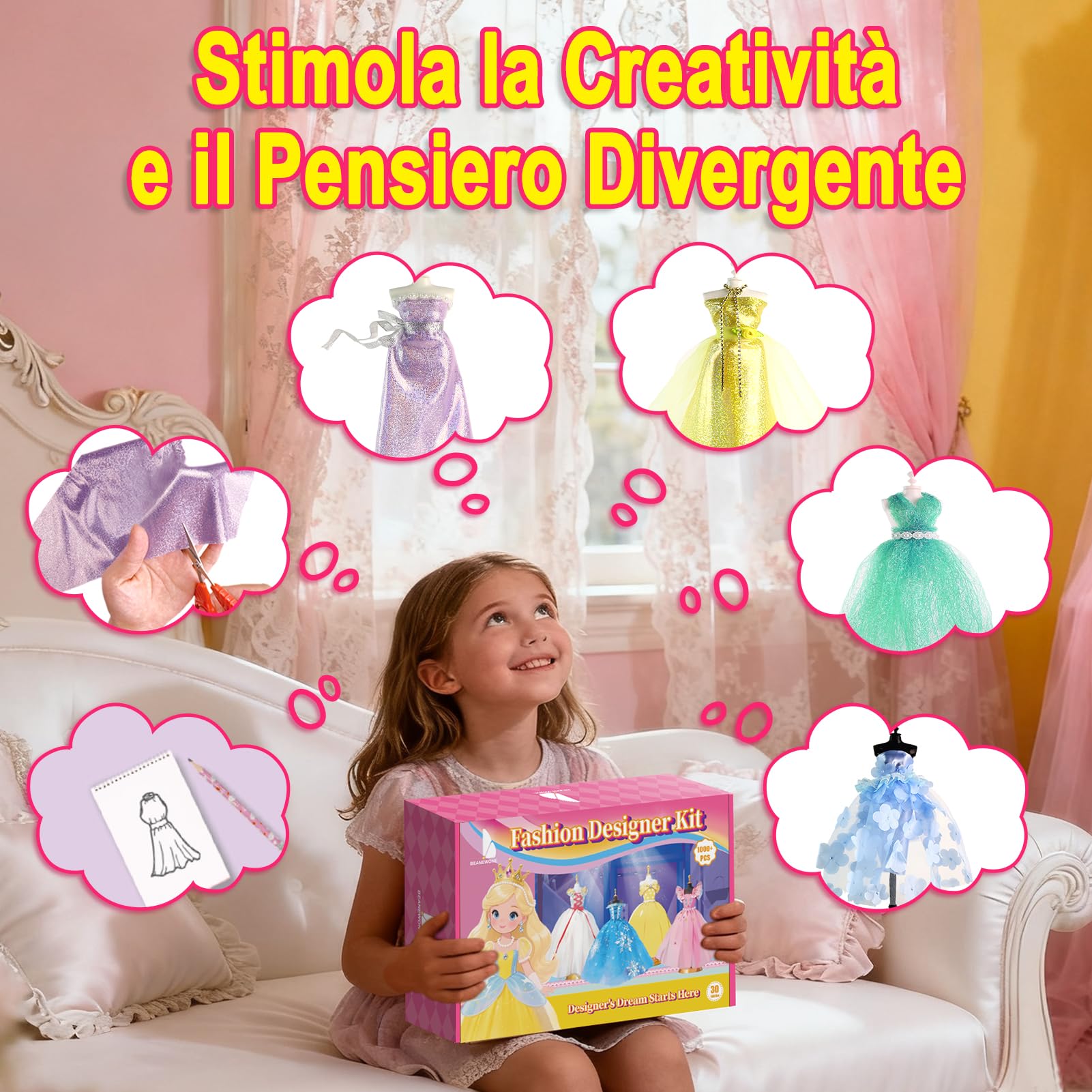 Beanewone Fashion Designer Kit 1000+ Pezzi, Kit Cucito Bambina Include 30 Pezzi di Tessuto e 6 Manichino, Kit di Design di Moda per Ragazze 6 Anni, Arte e Artigianato Creativi 6 7 8 9 10 11 12+ Anni