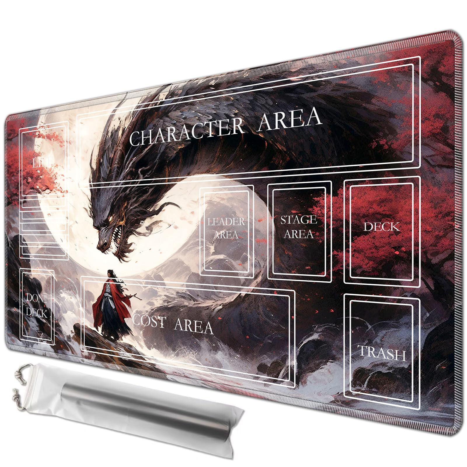 JANENFNA Playmat 24" x 14" with Magic Zones for MTG Card Game Playing, Board Game Mat for Card Breaking Commander Deck Gaming Card Game Battles Mat with Storage Bags, Japanese Ink Dragon โ image 1