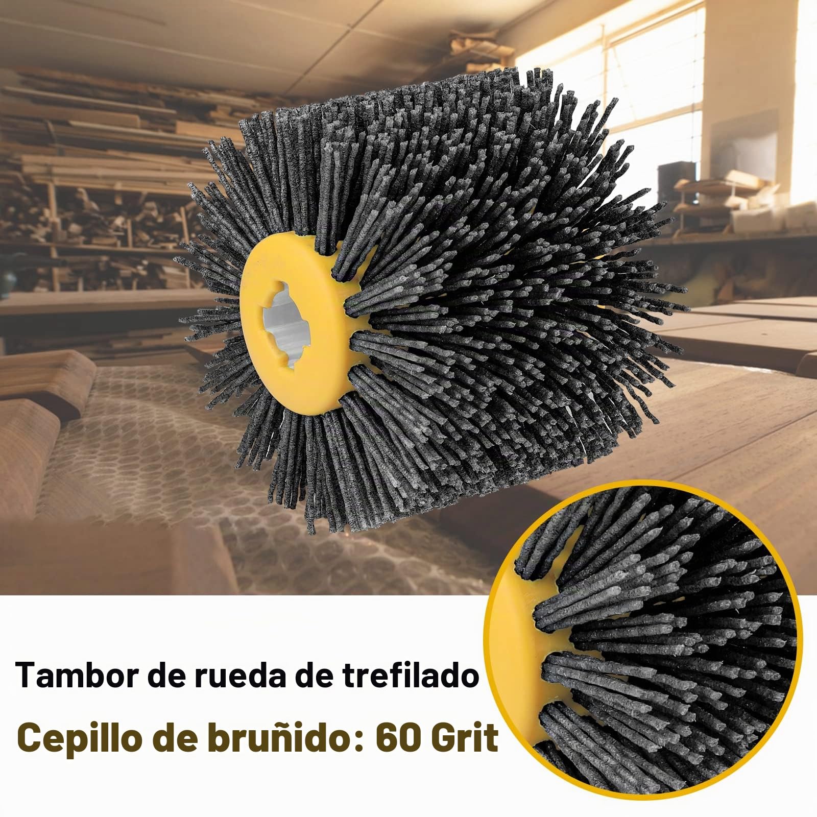 cepillo abrasivos grano 60, 120 x 100 mm, nailon para procesamiento de madera, grit bristle para máquina de satinado, rueda de alambre (Gris)