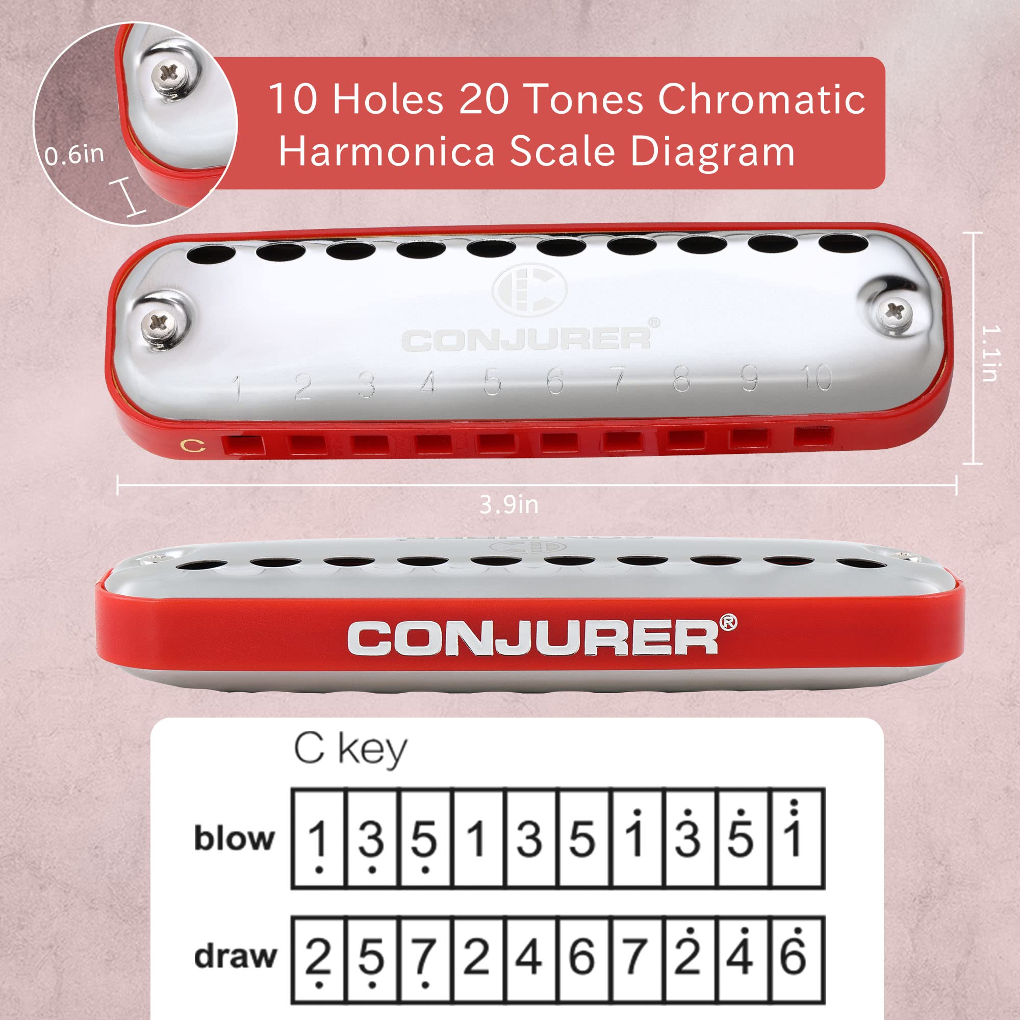 Armonica Blues CONJURER In Do | 10 Fori, 20 Toni | Per Principianti E Professionisti | Con Custodia - Foto 11