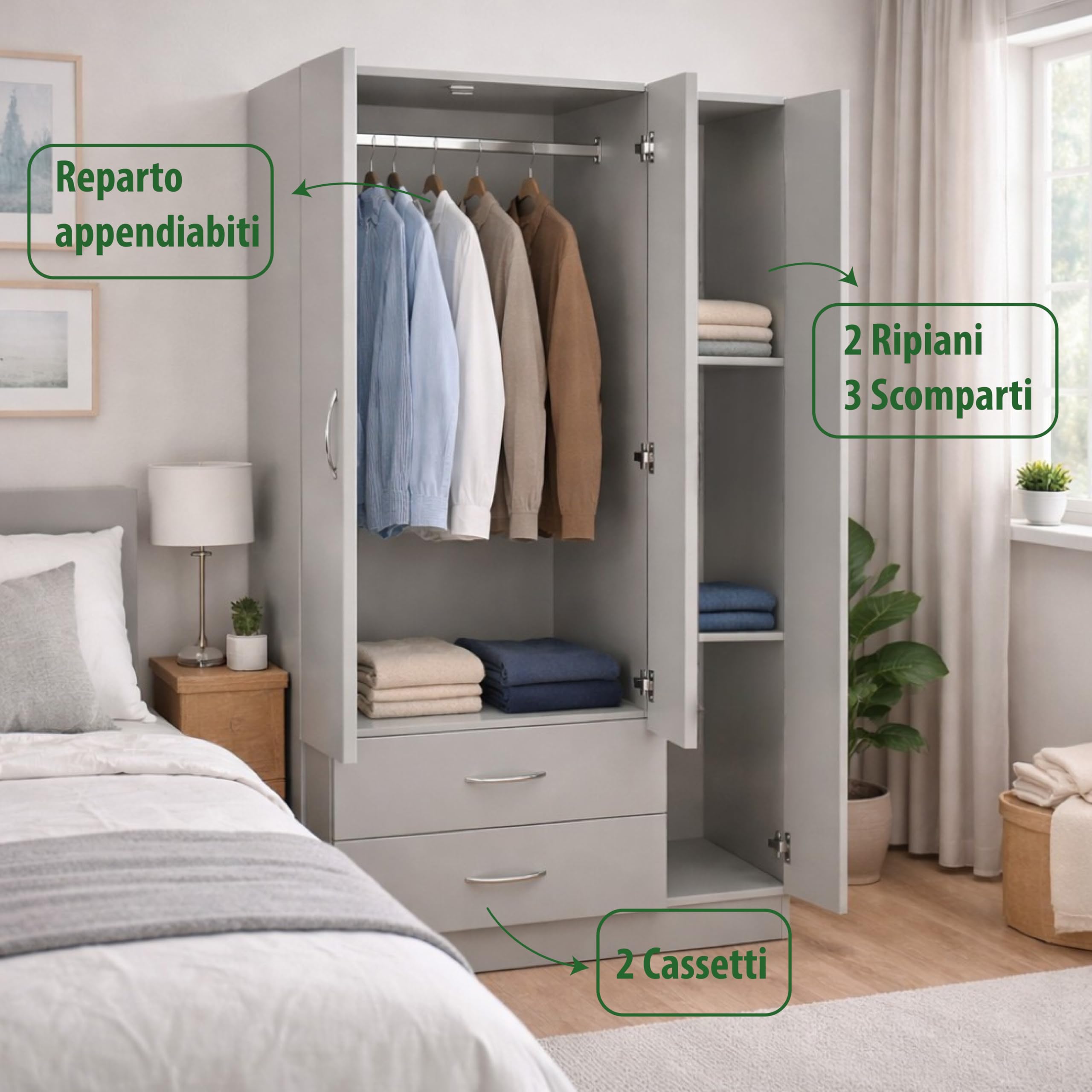 Armadio Guardaroba 80x50x180h CM - 3 Ante, 2 Cassetti, Ripiani, Appendiabiti Alto, Maniglie, Struttura in Legno Truciolare, Spazioso, Salvaspazio, Cabina Armadio, Camera - (Grigio)