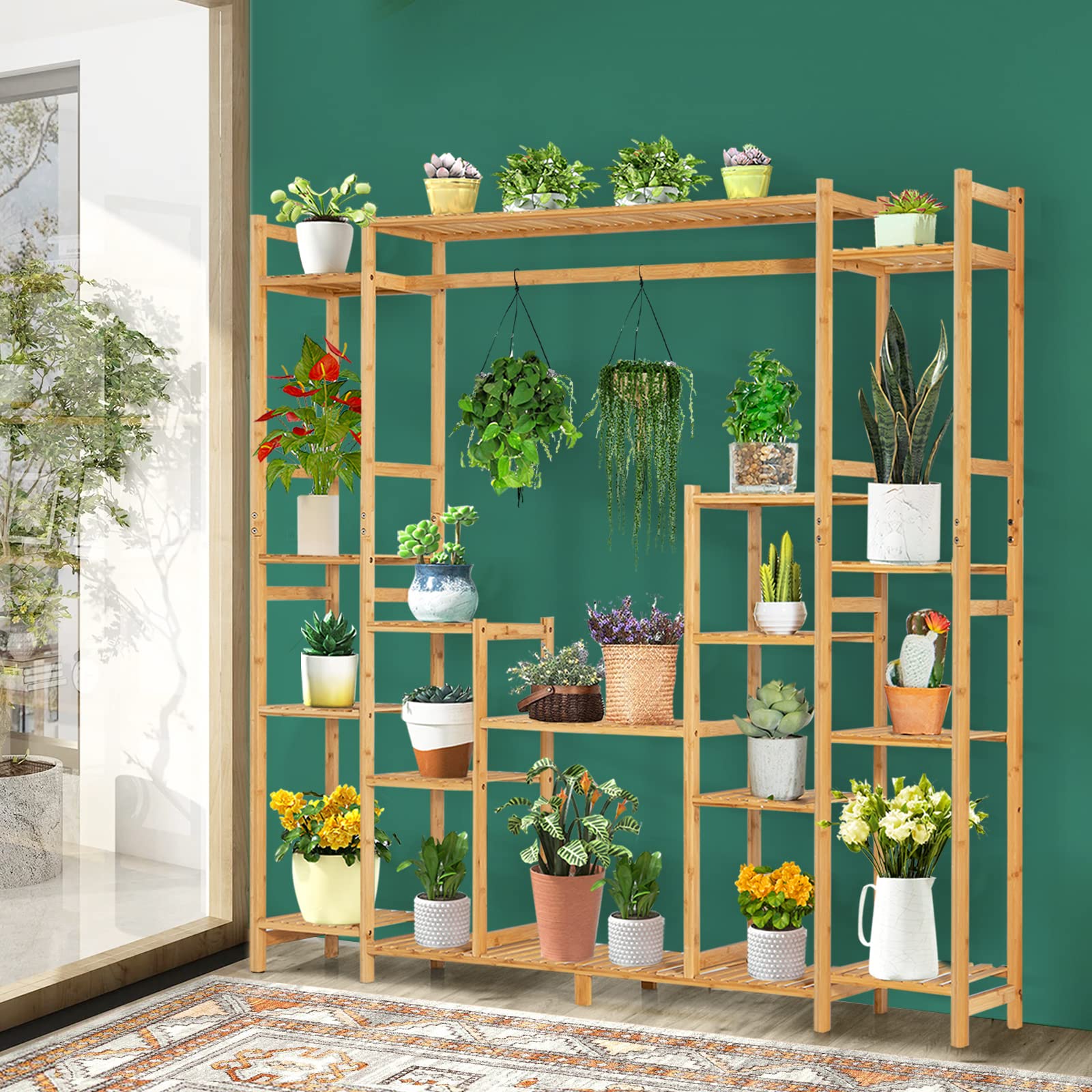 HOMASIS Estantería para flores con 18 estantes y barra colgante, estantería para plantas de bambú, soporte para plantas, soporte para plantas, para salón, 167 x 30 x 166 cm
