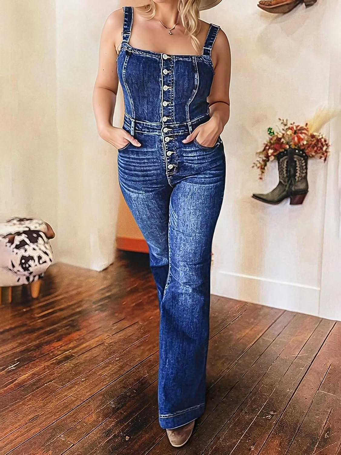 Flamingals Overalls for Women High Waisted Flare Leg Button Fly Sexy Casual Denim Jumpsuits with Pockets