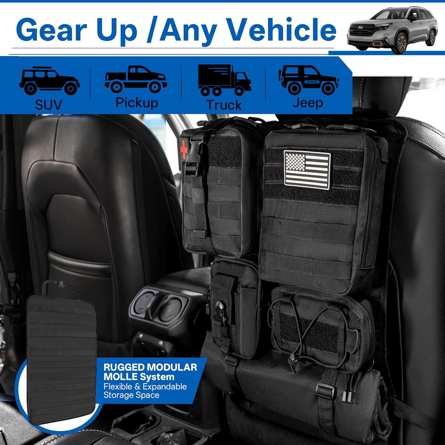 6 Pack Tactical MOLLE Car Seat Back Organizer Universal Vehicle Storage Panel Seat Organizer with 5 Detachable Pouches for Car Truck SUV Jeep Ford with Medical/Phone/Tools Bags (Black)