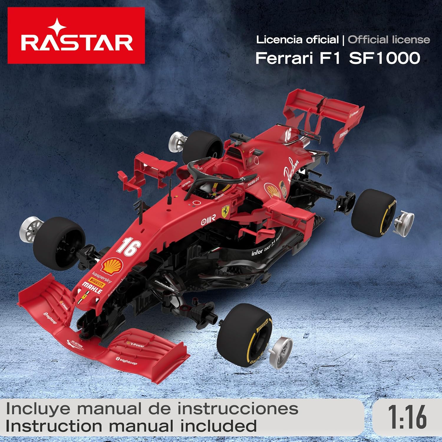An exploded diagram showing the assembly process of the RASTAR Ferrari F1 SF1000 remote control car.
