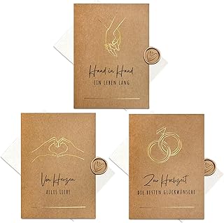 3er Set Karten zur Hochzeit aus Kraftkarton mit goldener Heißfolienprägung - Inkl. Briefumschlägen und Wachssiegel