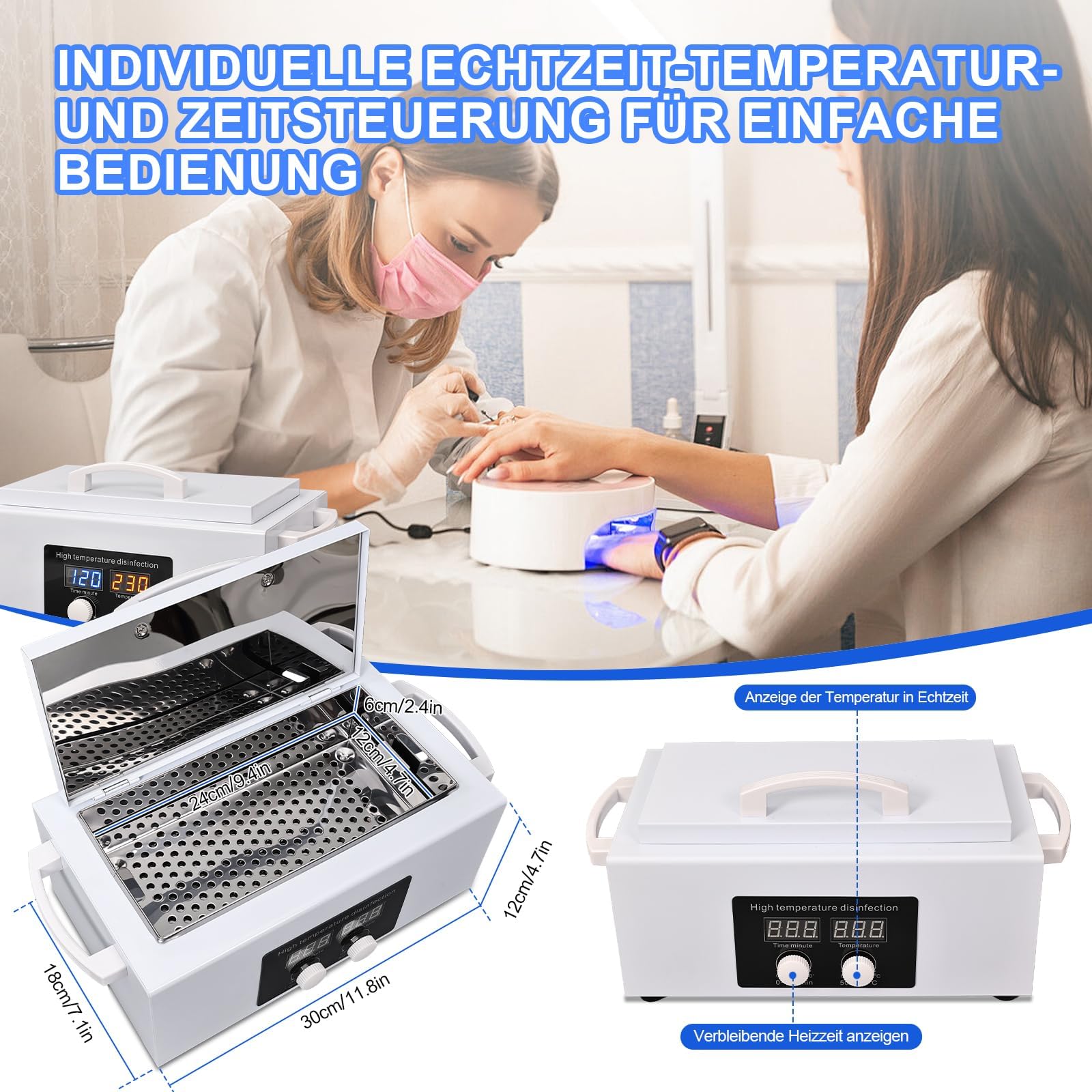 300W Heißluftsterilisator Desinfektion mit Hochtemperatur-Trockner & Timer | Sterilisator für Werkzeuge & Tücher | Ideal für Zahnarzt, Labor, Beauty-Salon & Nagelstudio