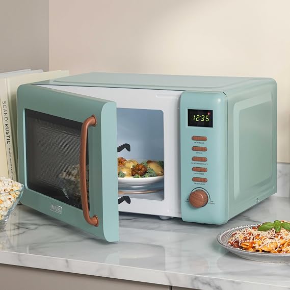 Haden Dorchester Green Microwave Oven - 20L 800W Microwave, Digital Controls, 5 Power Levels - Ideal Countertop Microwave with Wood Effect Finish, Small Kitchen Space