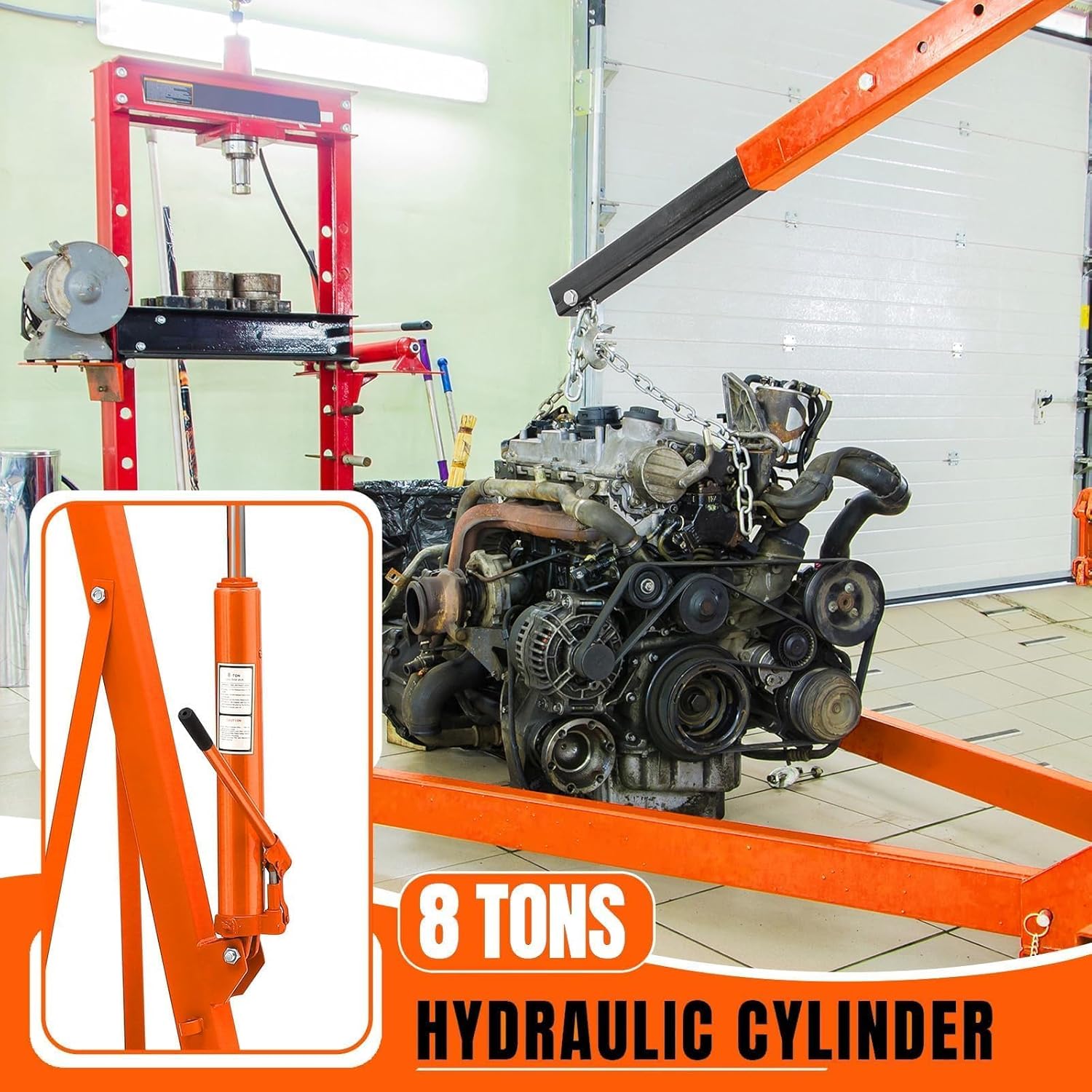 2 Ton Collapsible Hydraulic Engine Hoist Cherry Picker – 4400 lbs Heavy Duty Mobile Shop Crane Lift with 6 Casters, Telescopic Boom, for Garage, Workshop, Factory – Orange