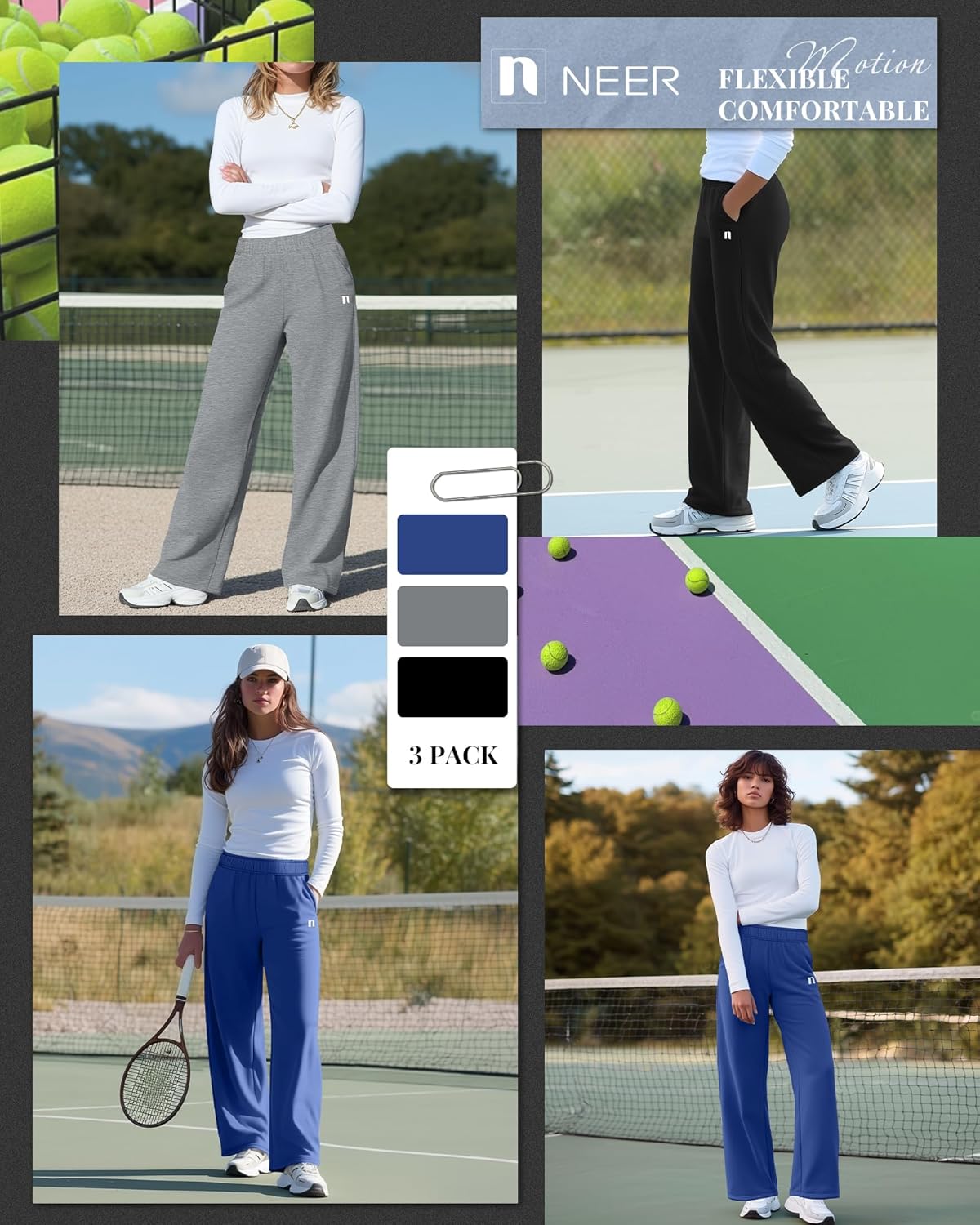 Neer 3 Pack Womens Wide Leg Sweatpants Lounge Athletic Joggers Elastic Waist Baggy Straight Leg Long Pants with Pockets(Black, Light Mixed Gray, Navy Blue,XX-Large) - Image 4