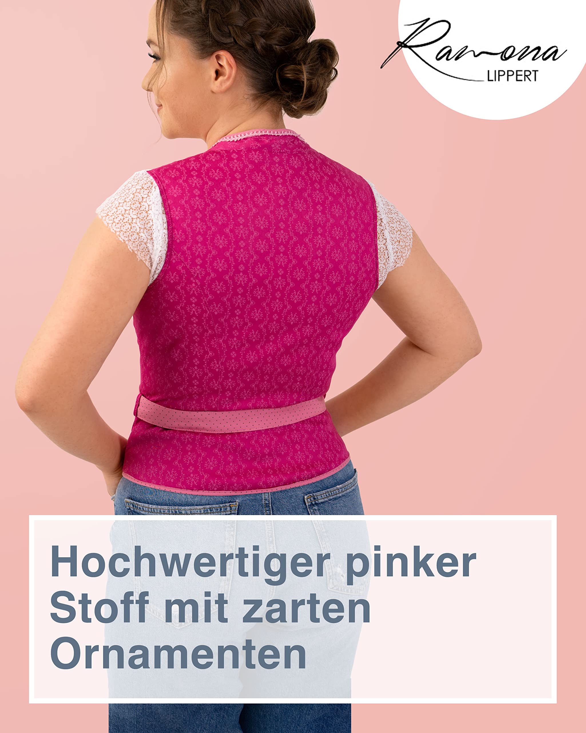 Ramona Lippert Trachtenmieder Damen Nicole pink, Spitzenborte, Gürtel