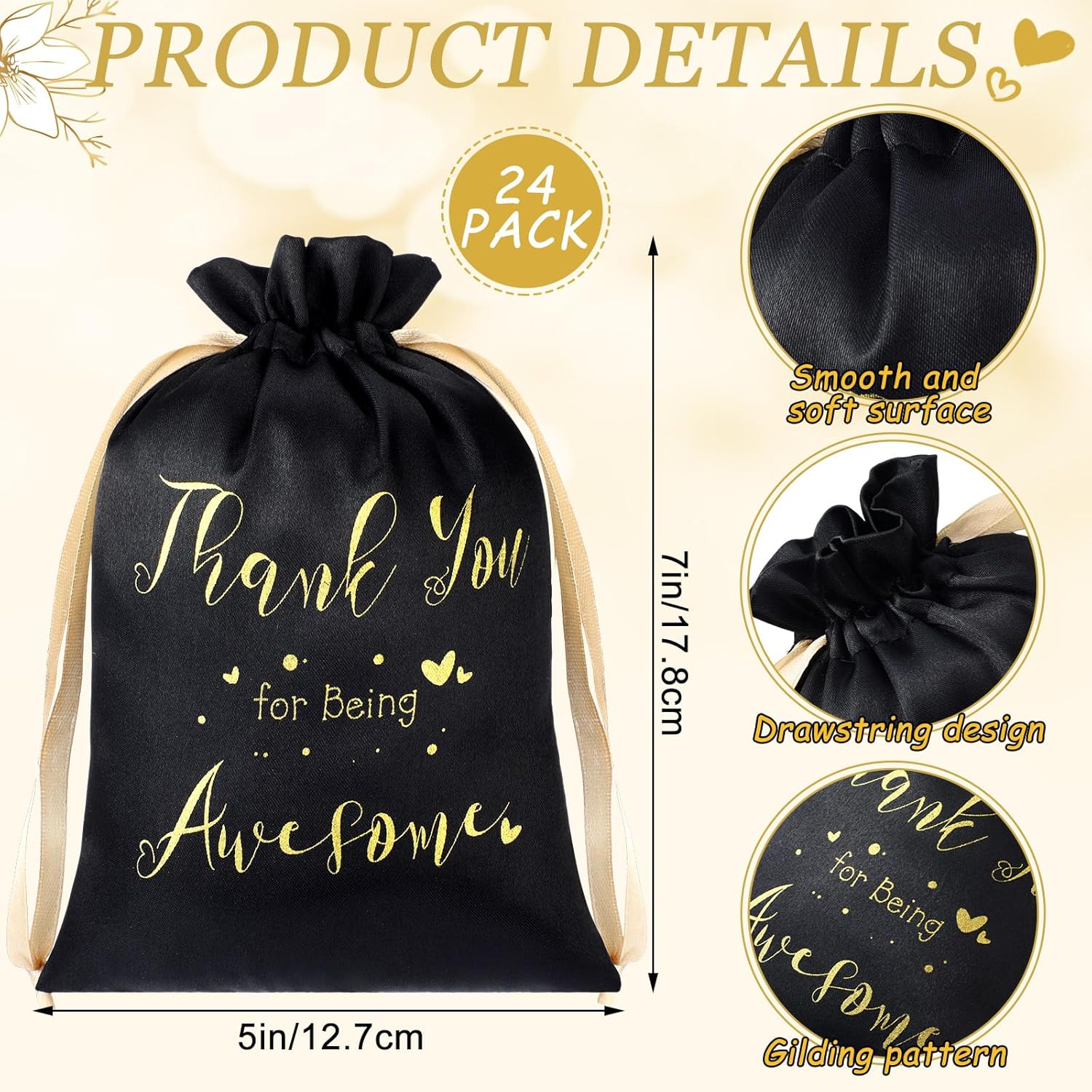 Sweetude 24 Pcs 5 x 7 Inch Black Satin Gift Bags Thank You for Being Awesome Drawstring Jewelry Pouches Small Candy Drawstring Favor Bag in Bulk for Thanksgiving - Image 2