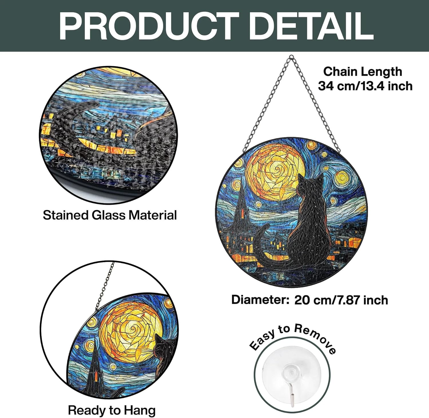 Black Cat Stained Glass Suncatcher Window Hanging Decor for Garden, Suncatcher Panel Ornament Decorations, Memorial Gifts for Cat Lovers, Women Pet Loss Sympathy Gift for Window Living Room Garden - Image 3