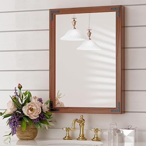 TokeShimi Espejo de baño de 20 x 28 pulgadas, marco de madera rústica, madera natural con detalles de nogal, impermeable, instalación de tacos