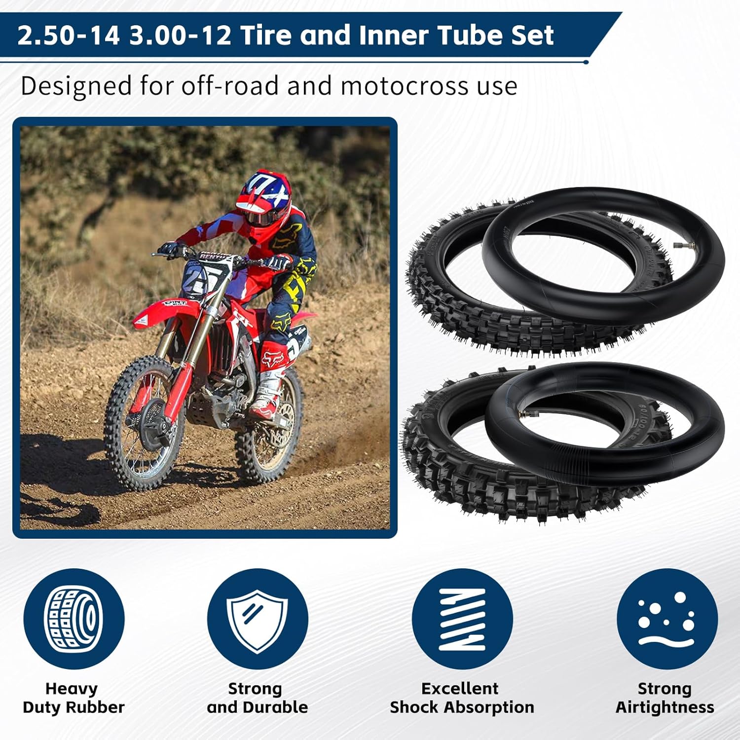 60/100-14 2.50-14 Front 80/100-12 3.00-12 Rear Dirt Bike Tire and Inner Tube Set for Honda XR70 CRF70 CRF110 KLX110 Tuttio Soleil01 DRZ110 PW80 TTR90 SSR 125cc 110cc Apollo Pit Dirt Bike Parts
