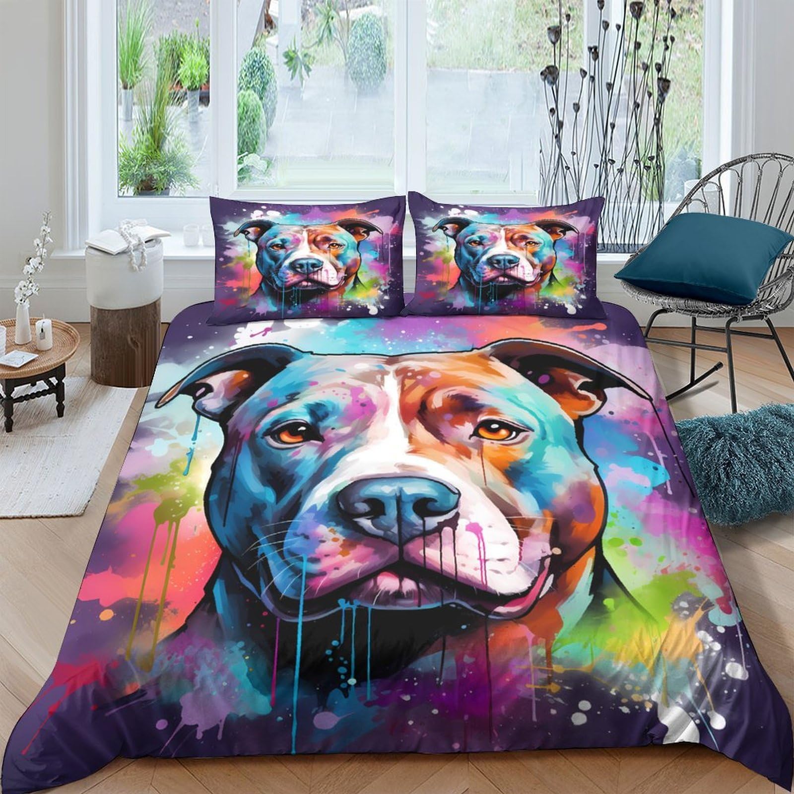 Ctjqhvkz Style-2 3D Printed Colorful Pitbull Fitted Sheet Microfiber Soft Artistic Dog Bed Cover For Bedroom Decor Mattress Protection Single（135X200cm）