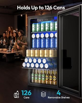EUHOMY 93L Drinks Fridge, 126 Can Beer Fridge with Glass Door, Wine fridge with Adjustable Shelves for Soda Beer or Wine, Home/Bar/Office, Silver, Steel, One-Touch Control [Energy Class F] [Energy Class F]