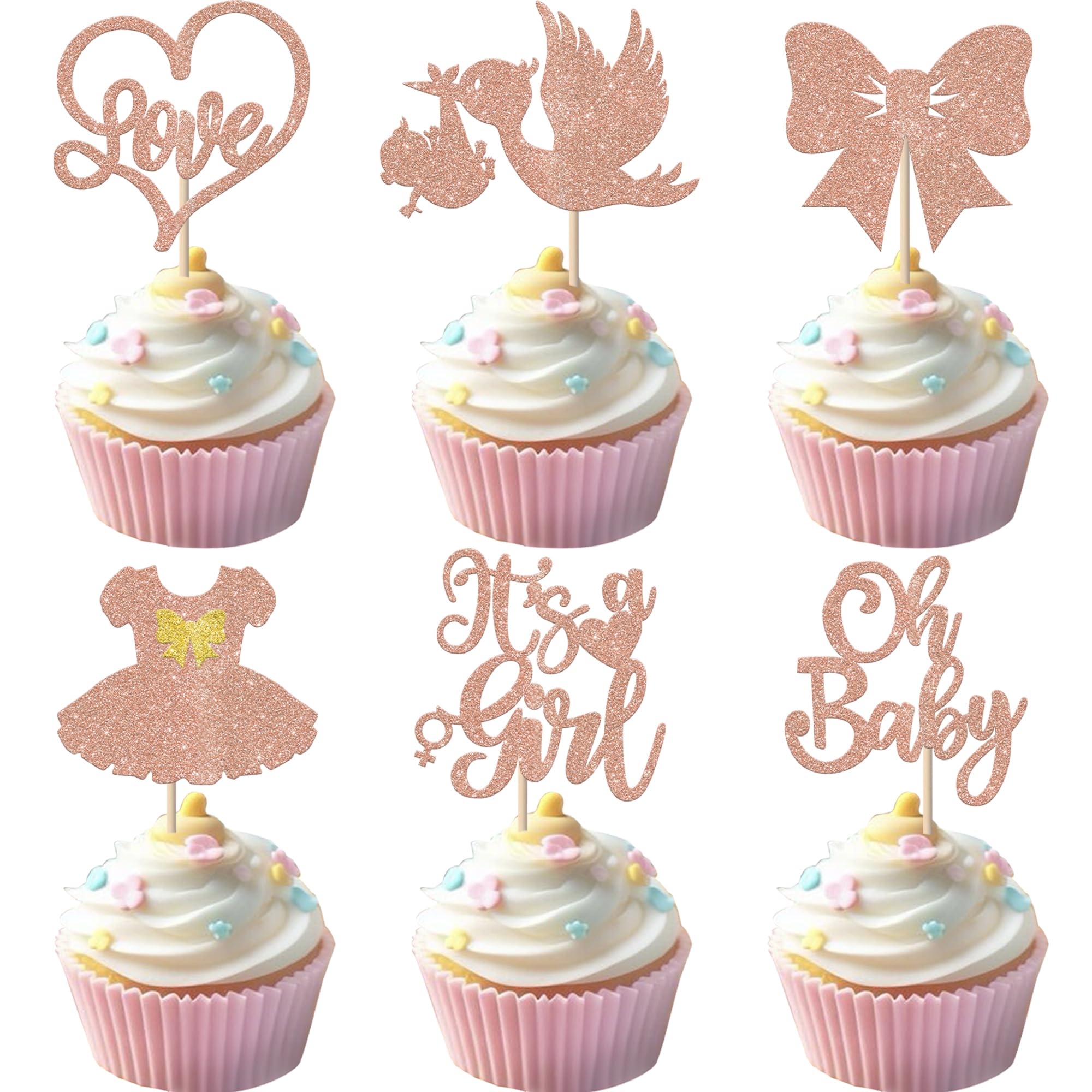 Rsstarxi 24 Pack It's a Girl Cupcake Toppers Girl Baby Shower Cake Decorations Baby Bow Dress Cupcake Picks for Gender Reveal Baby Shower Girl