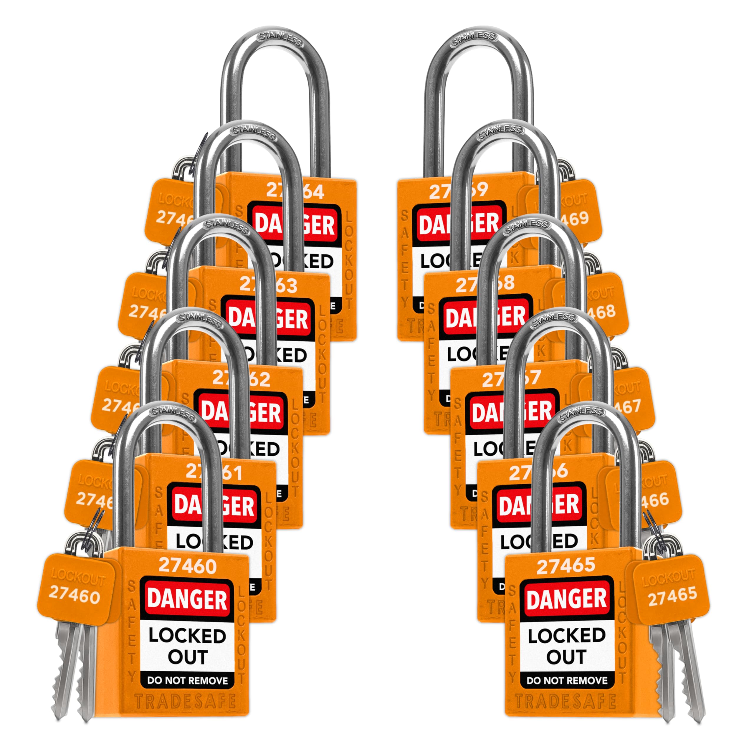 TRADESAFE Juego de 10 candados de seguridad con llave de color naranja con llave diferente – OSHA obediente a loto – 2 llaves por bloqueo – para bloqueo de etiquetas – grado premium