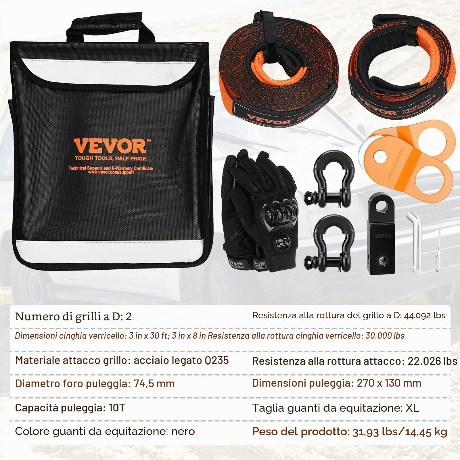 VEVOR Kit di recupero fuoristrada, 3" x 30', cinghie di traino 30.000 libbre, 44.092 libbre, ricevitore grillo, puleggia con blocco di strappo, guanti, borsa di stoccaggio per camion Jeep ATV