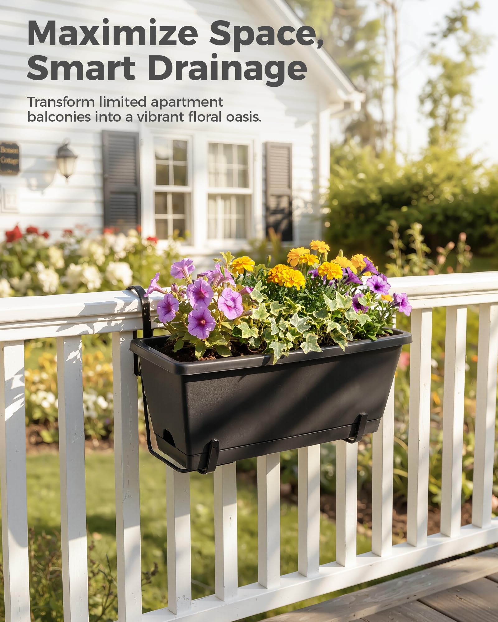 Bamworld 7 Stück Blumenkasten für Fensterbank, 43 cm Rechteckiger Blumenkübel mit Drainage, Kunststoff Pflanzkasten für Fenster Balkon Terrasse, Schwarz