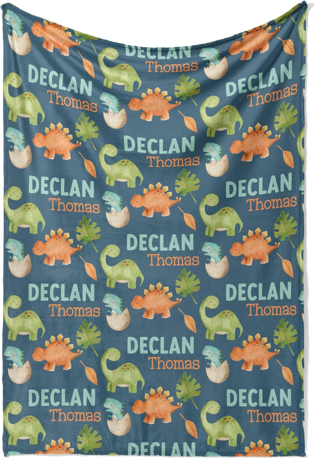 Hickory Hollow Designs Personalized Name Blankets for Boys, Custom Blanket, Teen Boy Gifts, Dinosaur Blanket, Blue Throw Blankets, Minky Fabric, Newborn Gifts, Dino Blue, 50x60(Medium)