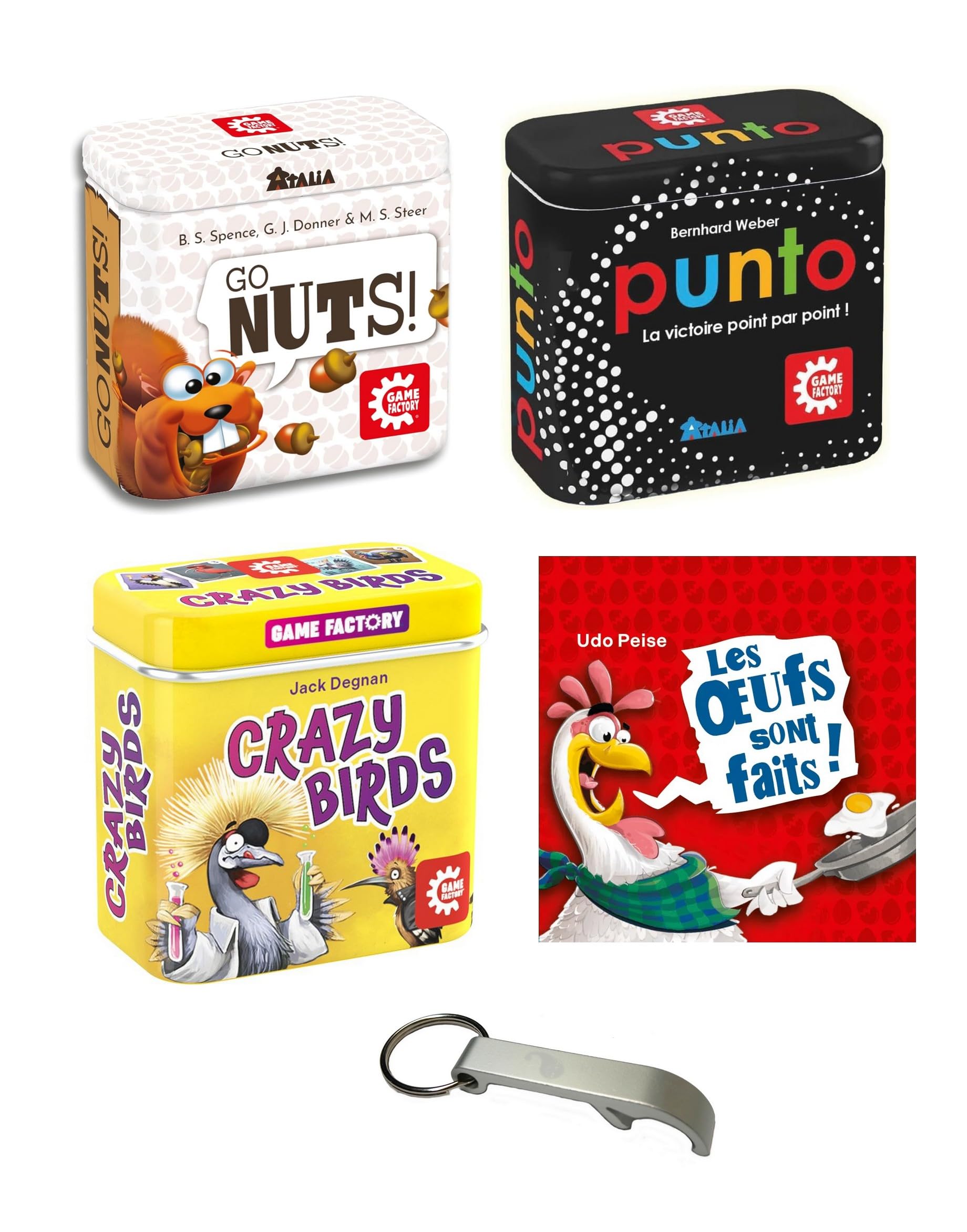 Zestaw 4 mini zestawów metalowych pudełek jajka są wykonane + Punto + Crazy Birds + Go Nuts w języku francuskim + 1 decap Blumie